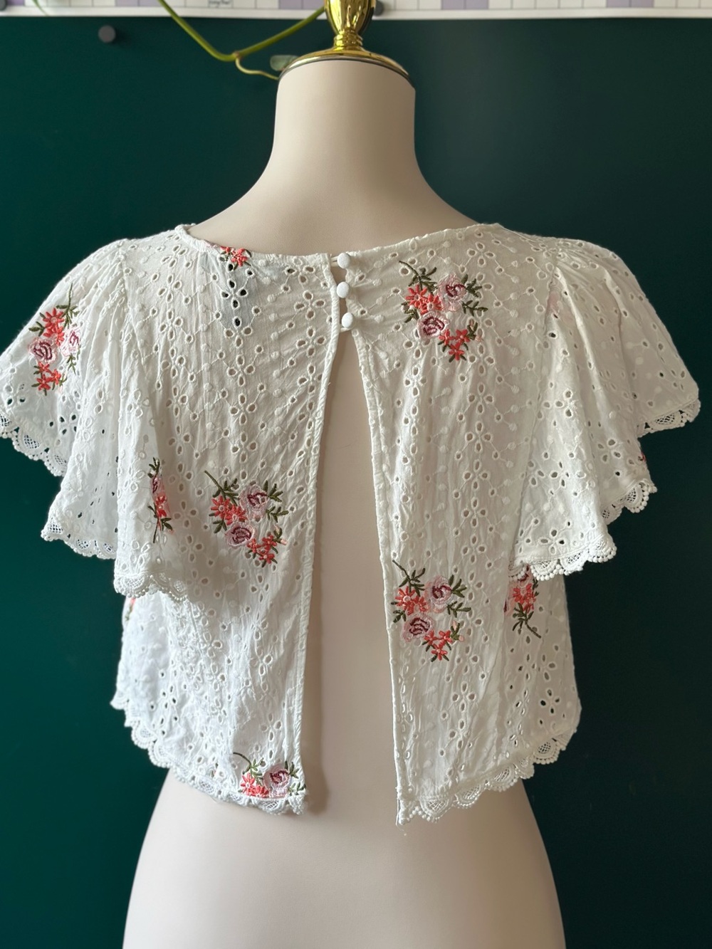 Forever 21 White Eyelet Crop Top Floral Embroidery Open Back